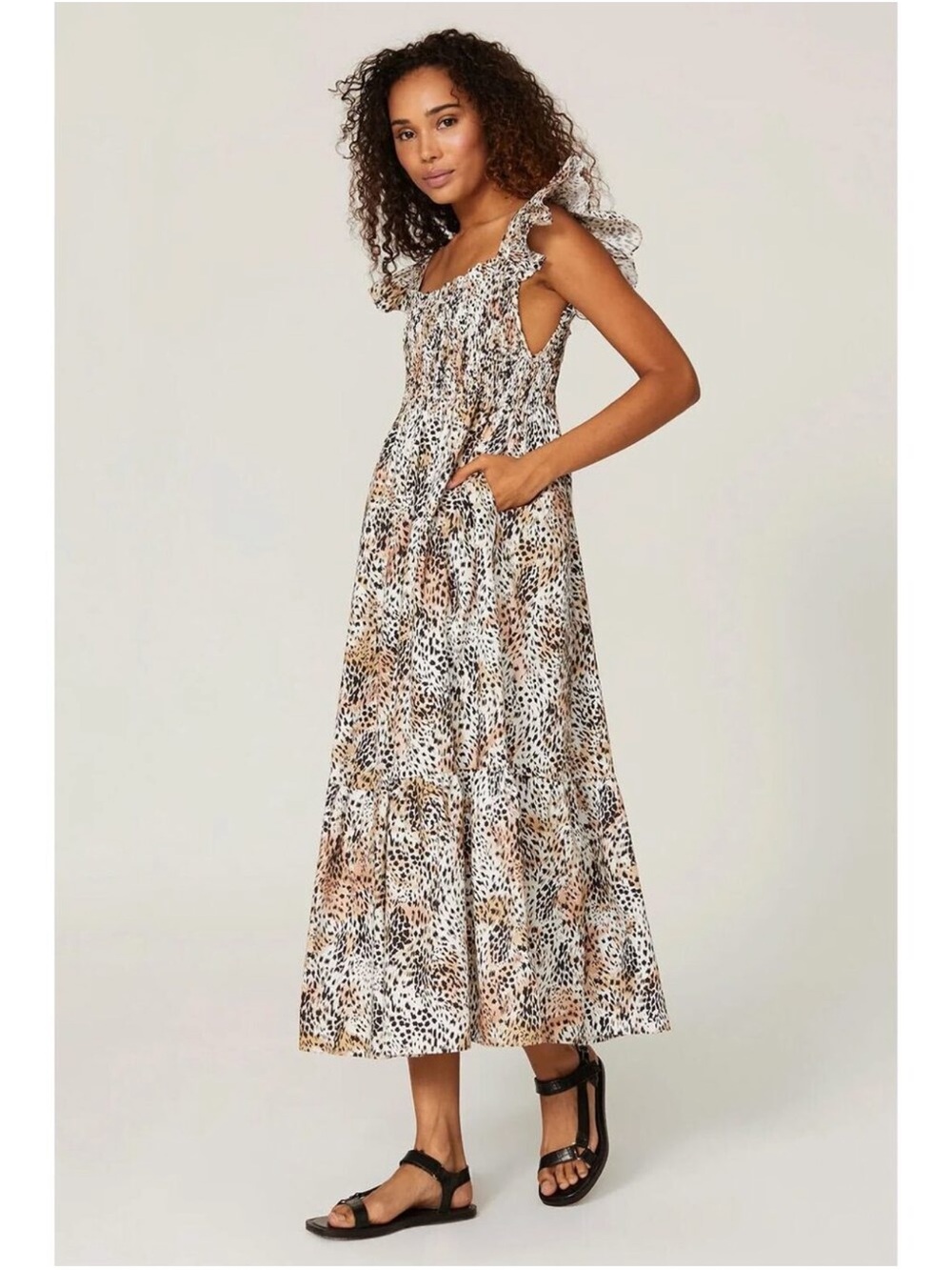 Sea New York Lana Smocked Dress Animal Print Ruffle Puff Sleeve Mini Boho
